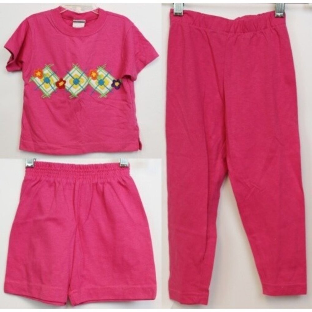 Kelly's Kids 3pc Outfit 2T 3T T-shirt Shorts Leggings Pants Argyle Flower Embroi